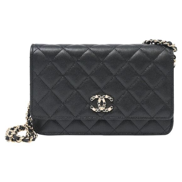 Chanel Shiny Enamel Quilted CC Wallet On Chain in Black Caviar Leather - Picture 1 of 9